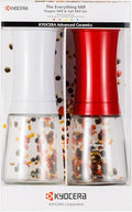 Kyocera 2-Piece Pepper, Salt, Seed and Spice Everything Mill Set with Adjustable Advanced Ceramic Grinder, Brilliant White/Candy Apple Red , 3.5”H x 4.8”W x 7.9”L