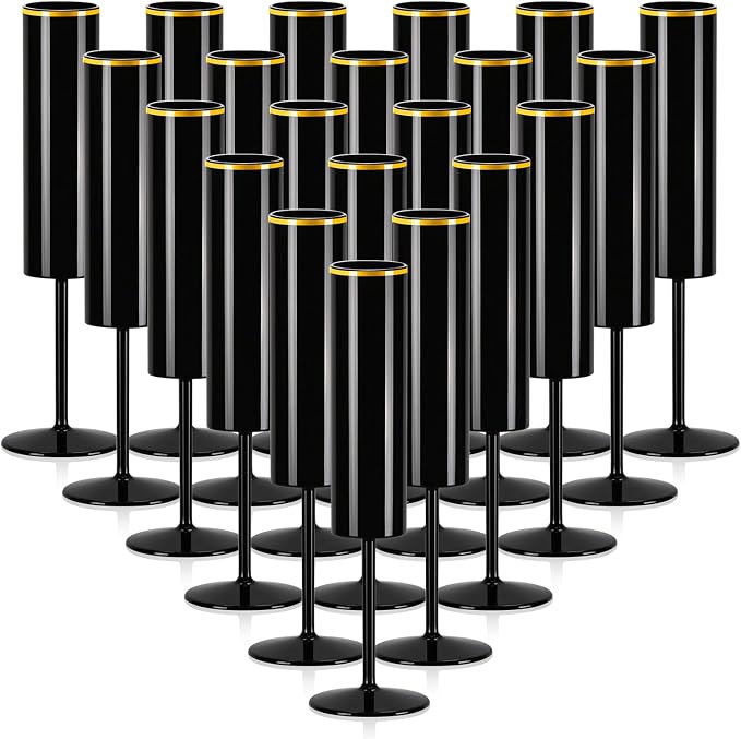 24 Pack Champagne Flute Acrylic 5.4 Oz Black Champagne Flutes Gold Rim Disposable Champagne Glasses Wedding Toasting Glasses Reusable Square Stemmed Wine Glasses for Wedding Christmas Halloween