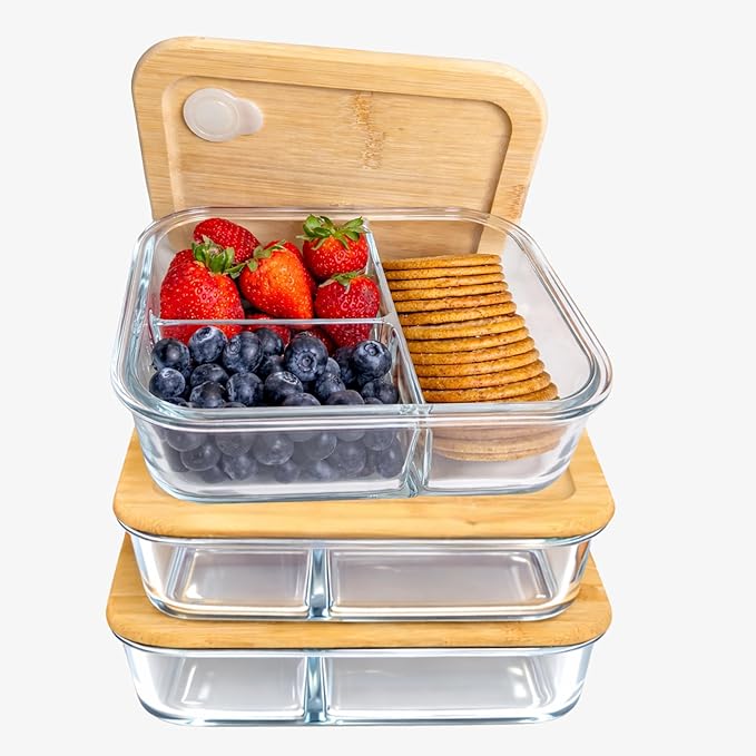 Glass Food Storage Containers with Bamboo Lids, Airtight Containers, Non Toxic Food Storage, Eco Friendly Fridge Storage Containers (2 Count)