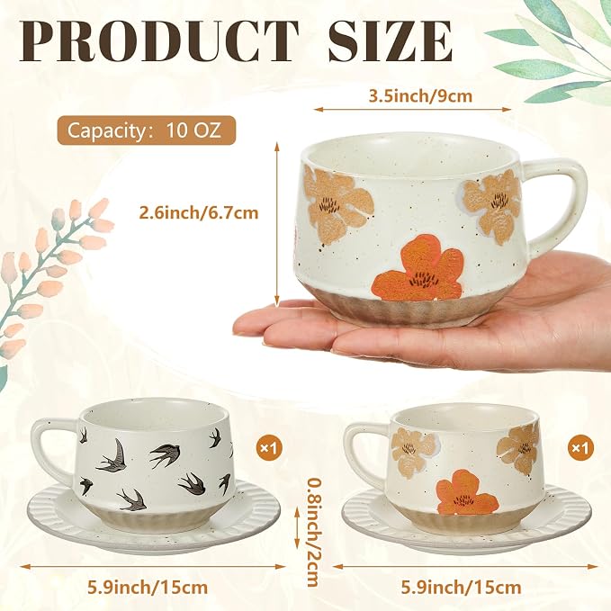 LemonRoad Vintage Tea Cup and Saucer Set of 2, 10oz Porcelain Coffee Mugs with Saucer for Latte Mocha Cappuccino Ceramic Teacups for Housewarming Wedding Gifts Kitchen Table Decor