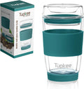 Double Wall Glass Tumbler - 8-Ounce, All Glass Reusable Insulated Tea/Coffee Mug & Lid, Hand Blown Glass Travel Mug - Cyan