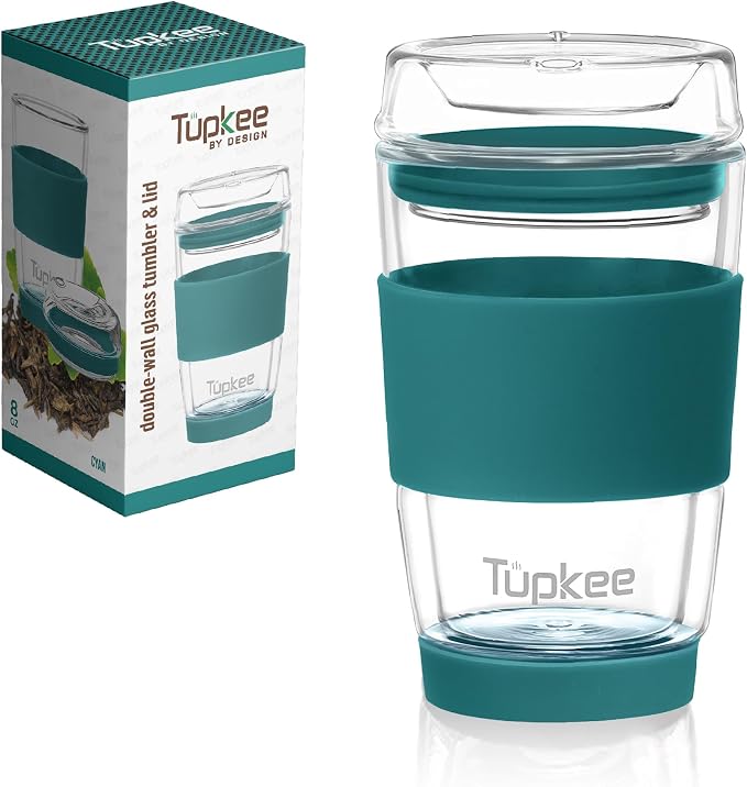 Double Wall Glass Tumbler - 8-Ounce, All Glass Reusable Insulated Tea/Coffee Mug & Lid, Hand Blown Glass Travel Mug - Cyan