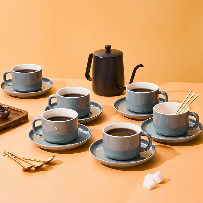 8oz Cappuccino Cups Set of 6, Tea Cups with Saucers and Spoons, Gray Ceramic Tea Cups Set Coffee Mugs for Tea Cappuccino Espresso Latte Mocha Au Lait Macchiato Cafe