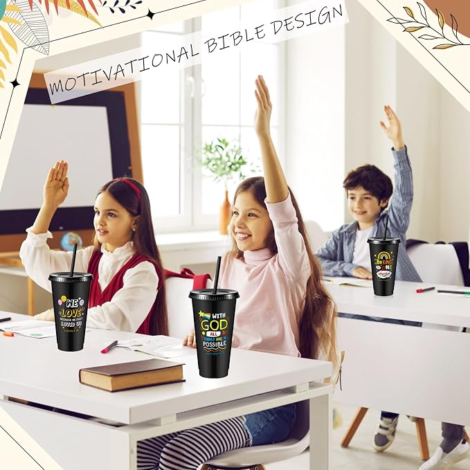Uiifan 30 Pcs VBS Christian Cups Bulk for Kids, Religious Plastic Tumblers with Bible Verses, Sunday School and Church Gifts, Reusable Cups with Lids and Straws (Black)