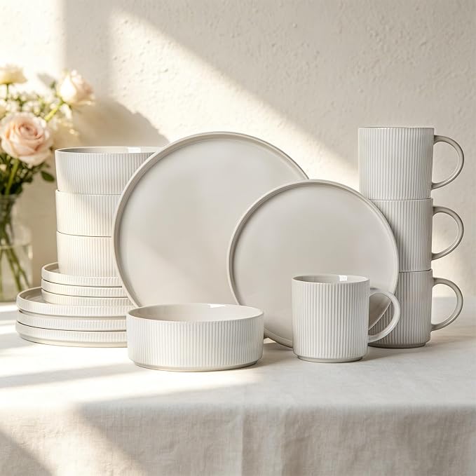 MONITO Ceramic Dinnerware 16 Pieces Dinner Set,Plates Pasta Bowls Cereal Bowls Reactive Change Glaze Dish Sets, Modern Stoneware Dishes,Gift, Creamy white