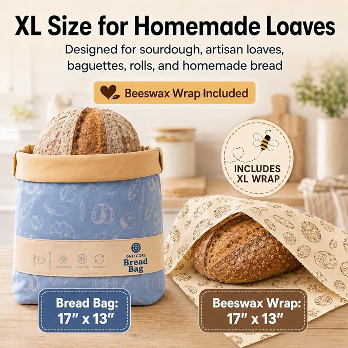 Cotton Beeswax Bread Bags for Sourdough - 3 Pack Reusable 2XL Set with Beeswax Wrap & Buckle Closure, Freezer Safe, Eco-Friendly Organic Storage for Homemade Artisan Loaves