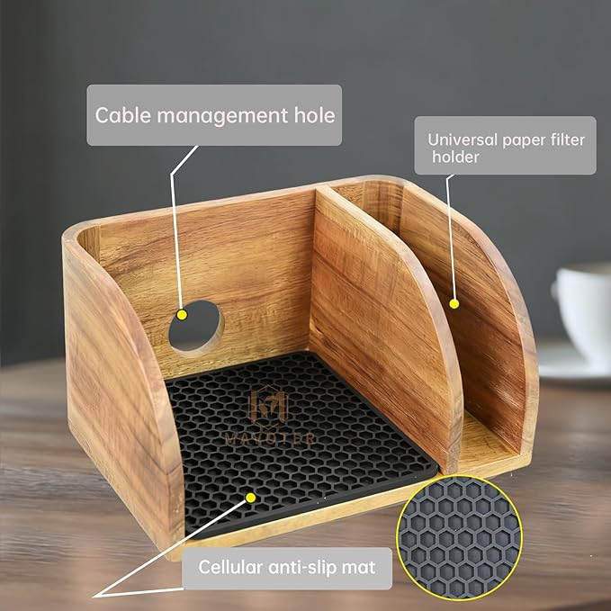 Acacia Coffee Bar Station Organizer Stand, Wooden Pour Over Maker Caddy Storage Organizers, Coffee Filter Holder for Countertop with Heatproof Mat (9.4*7*5.1 inch) Glass Coffee Maker not included