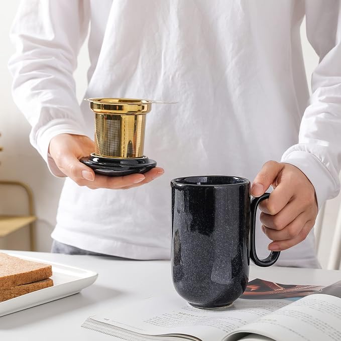 Ceramic Tea Cup Mug Infuser - VICRAYS Large 16 oz Hot Loose Steeping Handle Teacup with Leaf Infuser Spoon Lid - Blue Tall Glazed Strainer Coffee Mug Microwave Safe - Blue