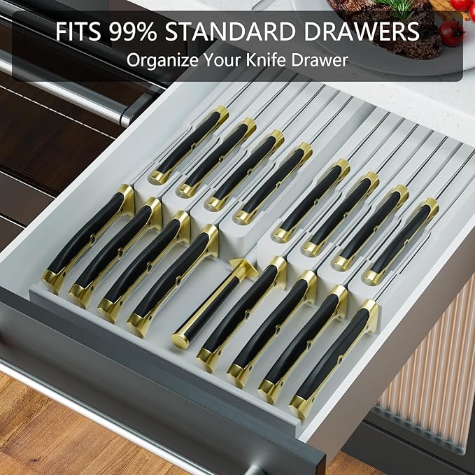 Domax Bamboo In-drawer Knife Block - Kitchen Knife Drawer Organizer Insert, Knife Holder without Knives Large, Drawer Knife Organizer Fits for 16 knives and 1 Sharpening Steel (Not Included), White
