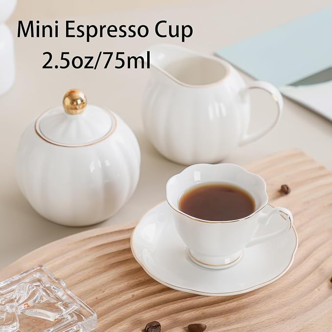 White Porcelain 75ml Demitasse Set of 8 (16-Piece) - 2.5oz Espresso Cups & Saucers, Elegant White & Gold Trim Coffee Set for Turkish Coffee, After Dinner, Gift Giving