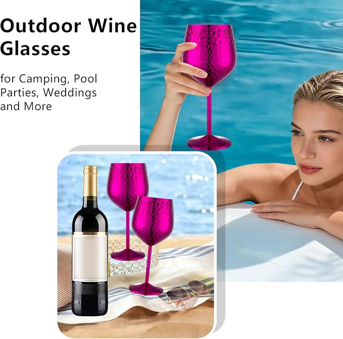 UNISWEET Stainless Steel Wine Glasses Set of 4 Unbreakable (Purple) | 17 oz Large-capacity Hammered Goblets, Lightweight & Reusable, Good for Outdoor, Camping, Pool Travel, Gift for Wine Lovers