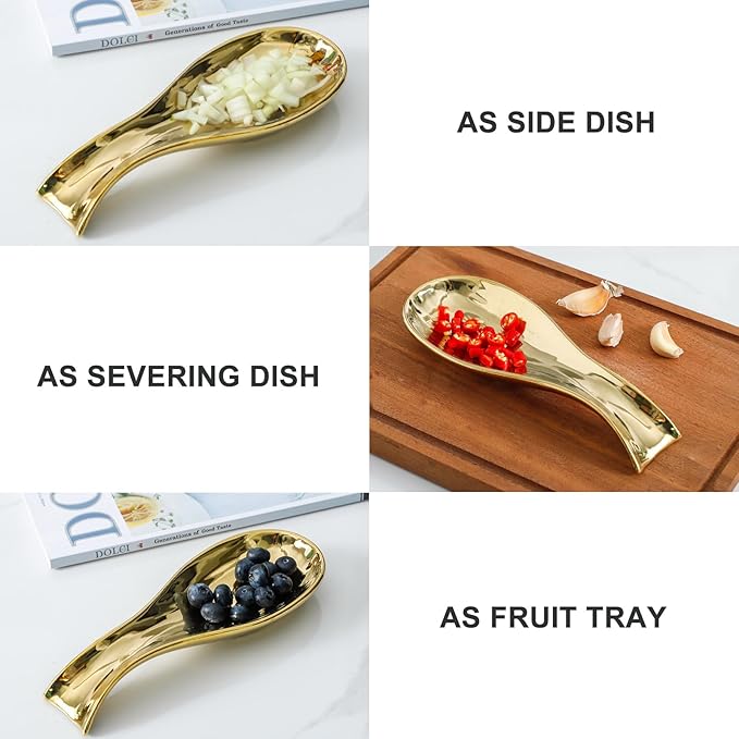 Ceramic Spoon Rest for Stove Top, Large 8.7 Inch Spoon Holder for Kitchen Counter, Porcelain Utensil Rest for Ladle, Spatula, Tongs, Housewarming Gift, Dishwasher Safe and Heat-Resistant, Gold(1 PC)