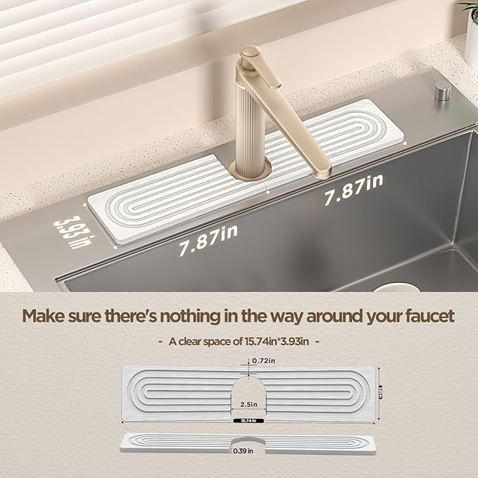 Faucet Mat for Kitchen Sink, Diatomite Stone Drying Sink Protectors, Bathroom Faucet Splash Guard, Quick Dry Water Absorbing, Non-Slip Stone Tray for Kitchen Counter, White, 15.7" x 3.9"