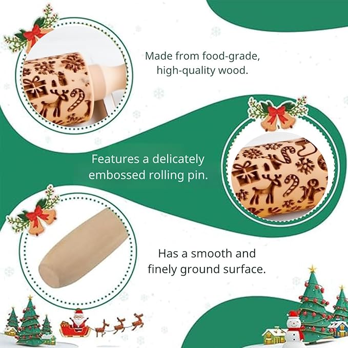 Wooden Embossed Rolling Pin for Baking & Crafts-Easy to Clean, Lightweight Design for Cookie Dough, Pie Crust & Pastry- Deep Engraved Pattern Roller Also Perfect for Clay- Essential Kitchen & DIY Tool