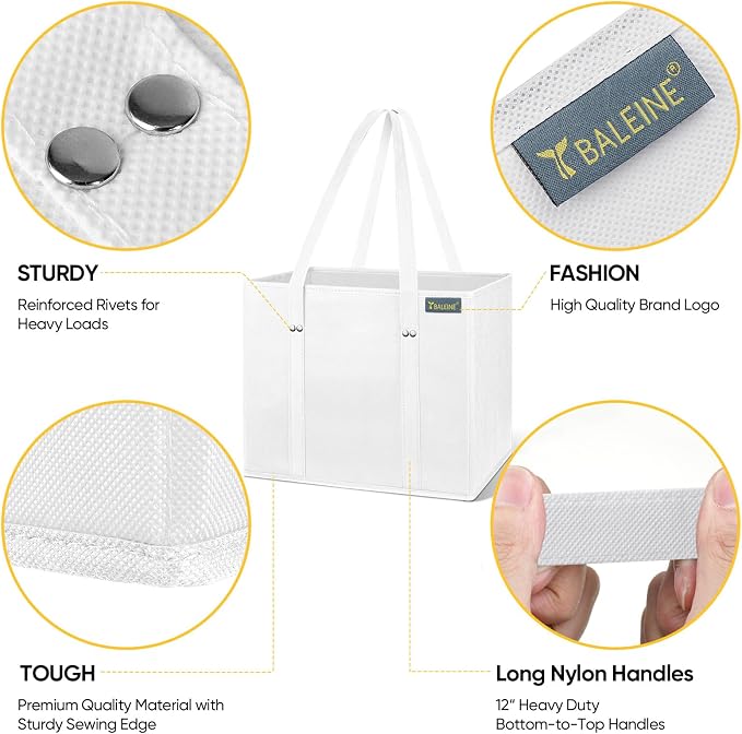 BALEINE 3Pk Reusable Grocery Bags, Foldable Shopping Bags for Groceries with Reinforced Bottom & Handles (White)