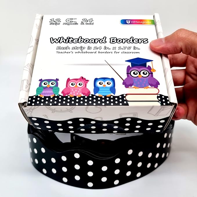 Strong & Wide Magnetic Borders for Classroom Whiteboard - Visible Magnetic Strips for Teachers (4 Designs Available) | Wavy Polka Dot - Black | 12 Strips of 24X1.75 Inch - 24 Feet Total