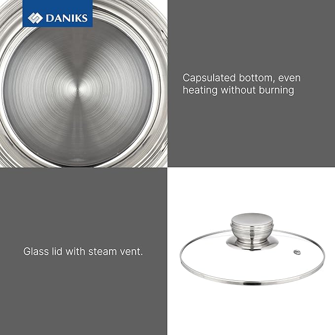 Daniks Standard 3 Quart Stainless Steel Stock Pot with Glass Lid, Tri-Ply Bottom for Even Heating, Induction Compatible, Dishwasher Safe, Built-In Measuring Scale, Silver