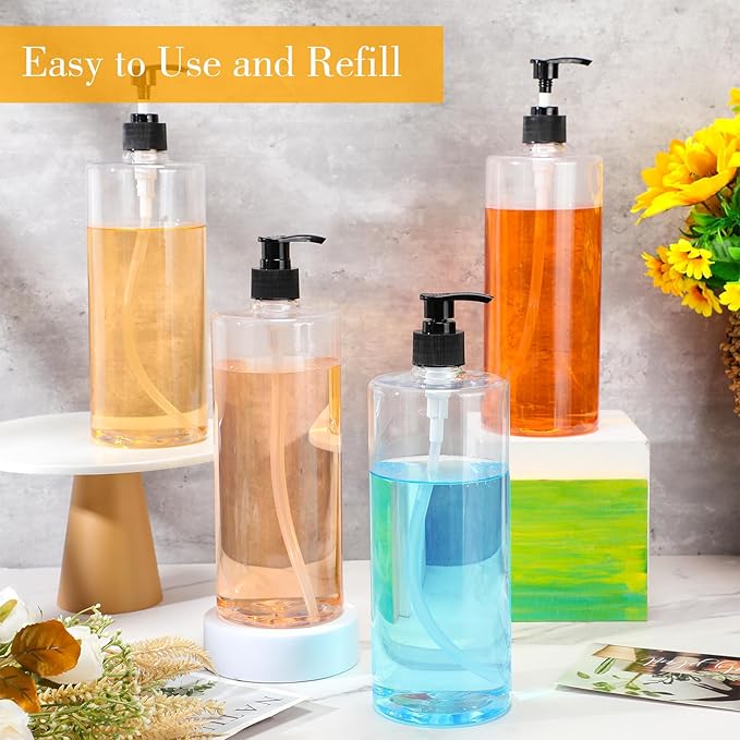 meekoo 10 Pcs Empty Shampoo Bottles with Pumps 32 oz / 1 Liter Bulk Refillable Plastic Dispenser Shampoo and Conditioner Bottles with Black Caps Leakproof for Lotion Massage Oil Body Wash
