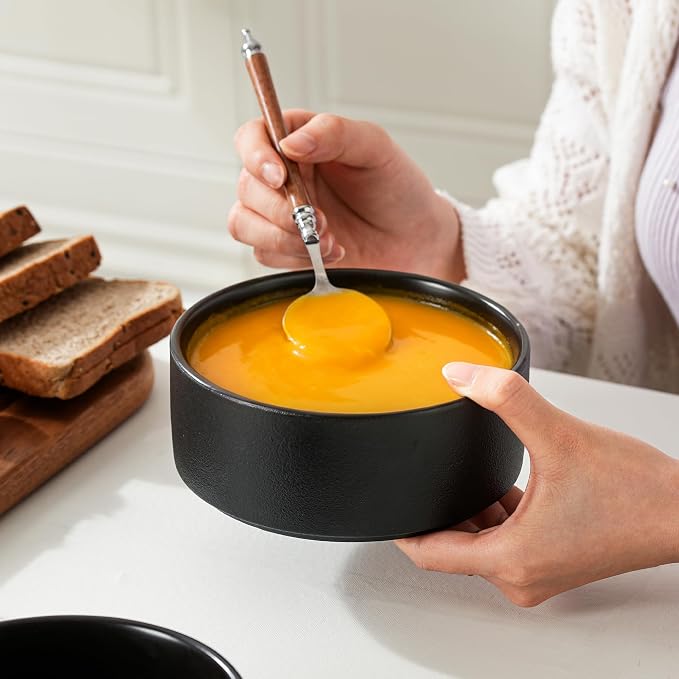 Stoneware Cereal and Soup Bowls Set of 4, 6 Inch Matte Glaze Ceramic Bowls for Breakfast & Oatmeal, Microwave and Dishwasher Safe, Matte Black