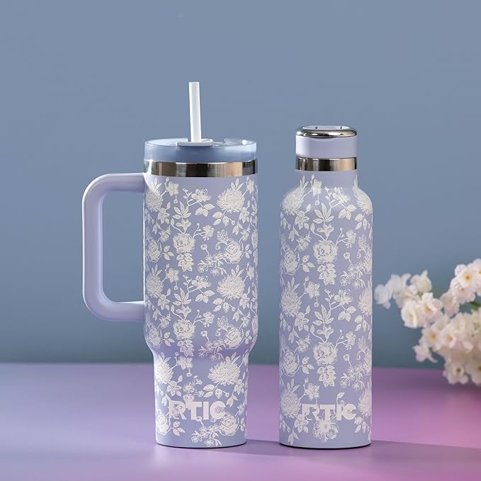RTIC 40 oz Road Trip Tumbler Double-Walled Cermaic Lined Insulated Stainless Steel Portable Travel Coffee Mug Cup with Lid, Handle and Straw, Periwinkle Bouquet