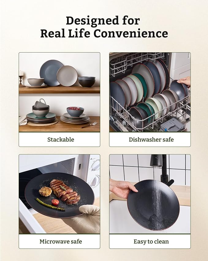 Famiware Venus 24-Piece Stoneware Dinnerware Sets with Mugs, Plates, Bowls, Service for 6, Matte Black - Modern Ceramic Chip‑Resistant Dishes for Everyday & Formal Use, Microwave & Dishwasher Safe
