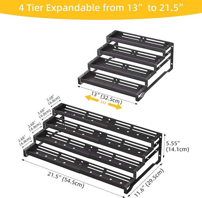 4-Tier Spice Rack Organizer, 13"-21.5" Expandable Spice Organization Shelf, Metal Seasoning Organizer for Kitchen Countertop or Pantry, Slip-Resistant Design for Jars and Bottles, Black