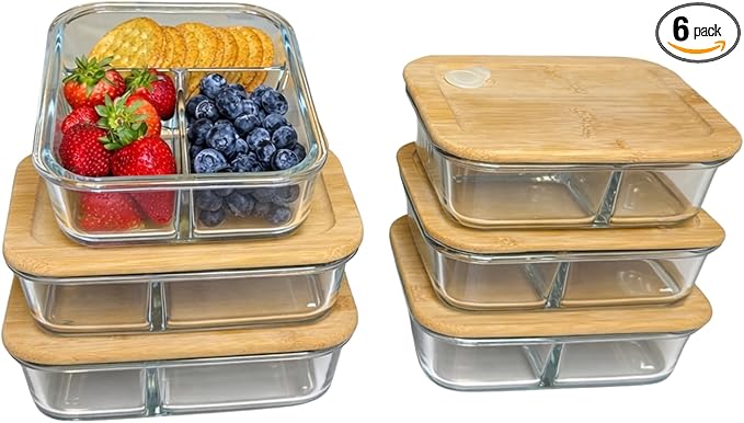 Glass Food Storage Containers with Bamboo Lids, Airtight Containers, Non Toxic Food Storage, Eco Friendly Fridge Storage Containers Includes Elastic Bands and Utensils (6 Count)