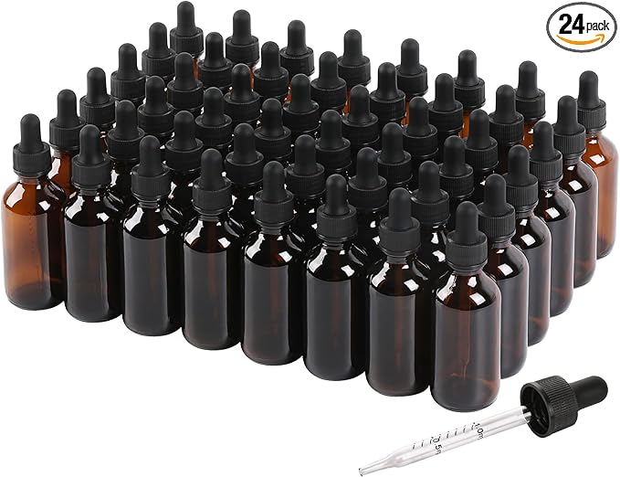 NOOEEISS 48 Pack, 2oz Glass Dropper Bottle, Preety Texture Tincture Bottles with Precise Scales Eye Droppe, for All Kinds Of Mixed Liquids,Leak-Proof Design for Easy Travel (Amber)
