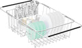 Fanbsy Large Dish Drainer Rack in Sink Adjustable, Expandable 304 Stainless Steel Metal Dish Drying Rack Organizer with Stainless Steel Utensil Holder Over Inside Sink Counter, Rustproof
