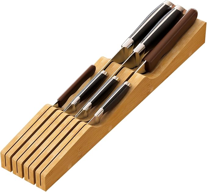 Knife Drawer Organizer, Bamboo Wood Knife Holder, Knife Block Fit for 7 Knives
