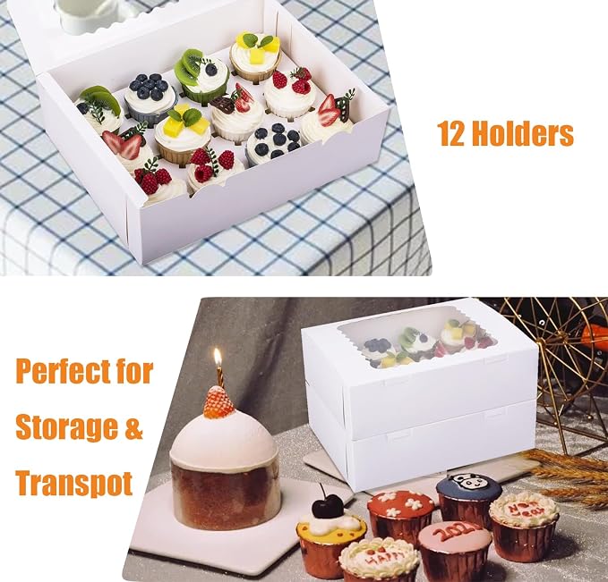 6-Set Cupcake Boxes Hold 12 Standard Cupcakes, Food Grade Cupcake Holders Bakery Carrier Boxes with Windows and Inserts for Cupcakes, Muffins and Pastries (White-6 Pack)