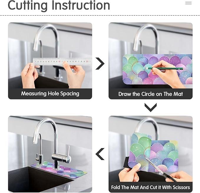 Kitchen Sink Splash Guard 2 PCS 30 Inch Sink Faucet Mat Splash Guard for Bathroom Countertop Water Absorbent Foldable Cuttable Soft Washable Watercolor Mermaid Scales Colors