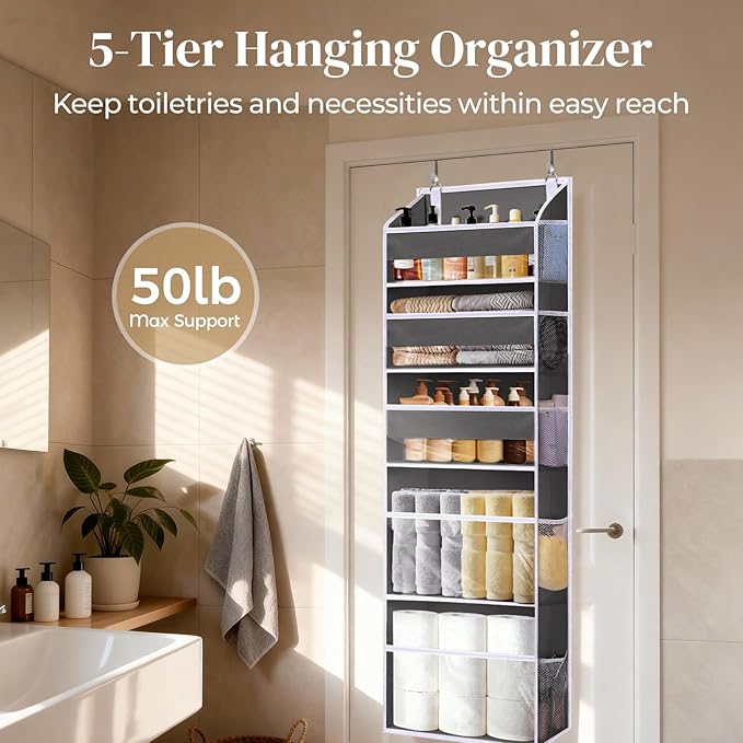 5 Tiers Over Door Organizer with 10 Mesh Side Pockets, 44 lbs Weight Capacity Hanging Storage Organizer with Clear Window Kids Toys, Shoes, Diapers, Dark Gray