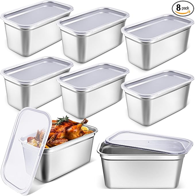 8 Pcs 304 Stainless Steel Food Storage Containers with Lids 1/3 Size Hotel Pan Chicken Food Grade Pans Metal Meal Containers for Restaurant Stackable Kitchen Freezer Buffet(6 Inch Deep)