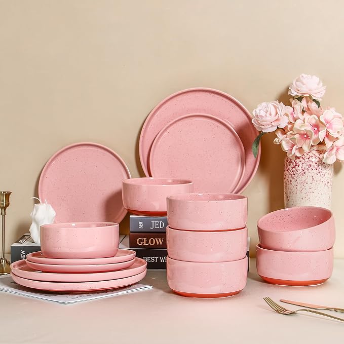 GZG Modern Art Series - 18 Pcs Speckled Stoneware Plates and Bowls Sets, Ceramic Dinnerware Set with Rustic Terracotta Underside, Microwave and Dishwasher Safe Handcrafted Dishes Set - Blush Pink