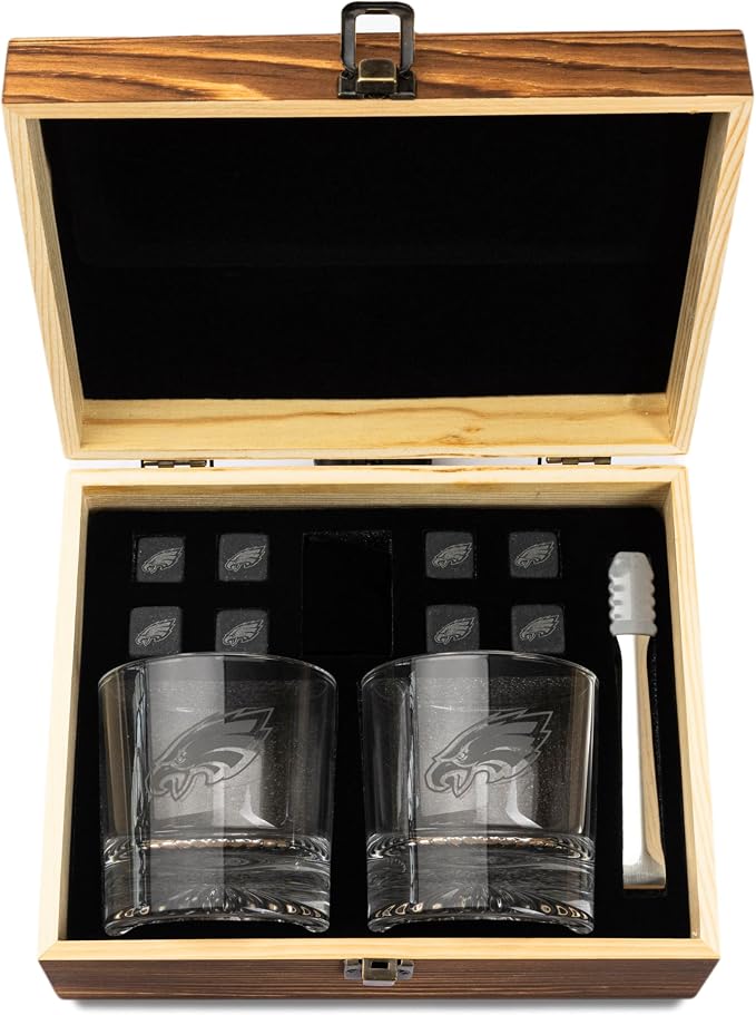 The Memory Company Officially Licensed NFL Wood Boxed Drinkware Set, with 2 Rocks Glasses and Cooling Cubes, Philadelphia Eagles