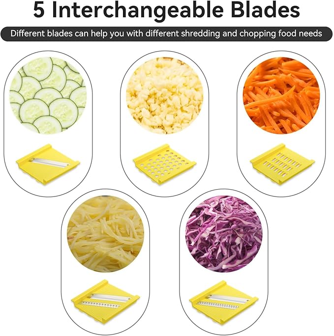 2-in-1 Salad Spinner & Mandoline Slicer Lettuce Spinner Vegetable Washer Dryer with 5 Interchangeable Blades, 5L Large Capacity, Easy to Clean, Food-Grade Kitchen Tool for Vegetables & Fruits