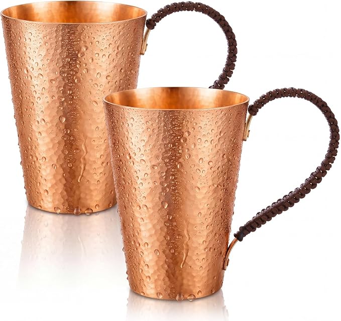 Willinglong 2 Pcs 100% Pure Copper Cup Tumblers 18.5 oz with Handle Handcrafted Hammered Copper Cups, Ayurvedic Health Benefits Drinking Vessel for Family Health Water, Cocktails, Iced Tea Glasses
