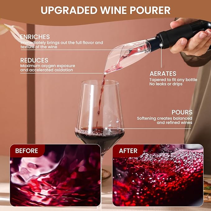 BLUBYEES 4-in-1 Rechargeable Electric Wine Opener Set - Automatic Corkscrew, Foil Cutter, Aerator Pourer, Vacuum Stopper - Wine Lovers Gifts for Women and Men