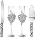 Boao Pearl Wedding Champagne Flutes and Cake Knife Server Set of 4, Champagne Flutes Toasting Glasses with Pearls for Bride and Groom Engagement Anniversary Bridal Shower Gifts (Retro,Dark Gray)