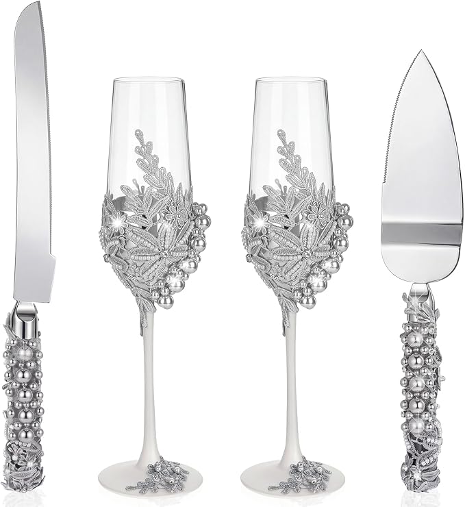 Boao Pearl Wedding Champagne Flutes and Cake Knife Server Set of 4, Champagne Flutes Toasting Glasses with Pearls for Bride and Groom Engagement Anniversary Bridal Shower Gifts (Retro,Dark Gray)
