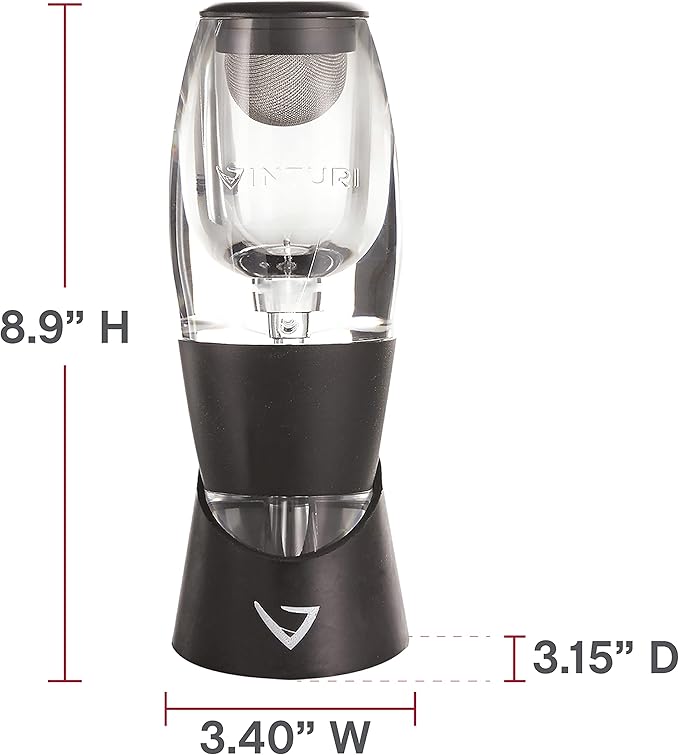 Vinturi Wine Aerator Pourer and Decanter for Red Wines Patented Design Perfectly Aerates Wines By The Glass or Bottle With Distinctive Sound, Includes No-Drip Base & Sediment Screen, Black