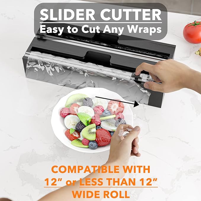 SpaceAid WrapNeat 2 in 1 Wrap Organizer with Cutter and Labels, Plastic Wrap, Aluminum Foil and Wax Bamboo Dispenser for Kitchen Storage Organization Holder for 12" Roll (Black)