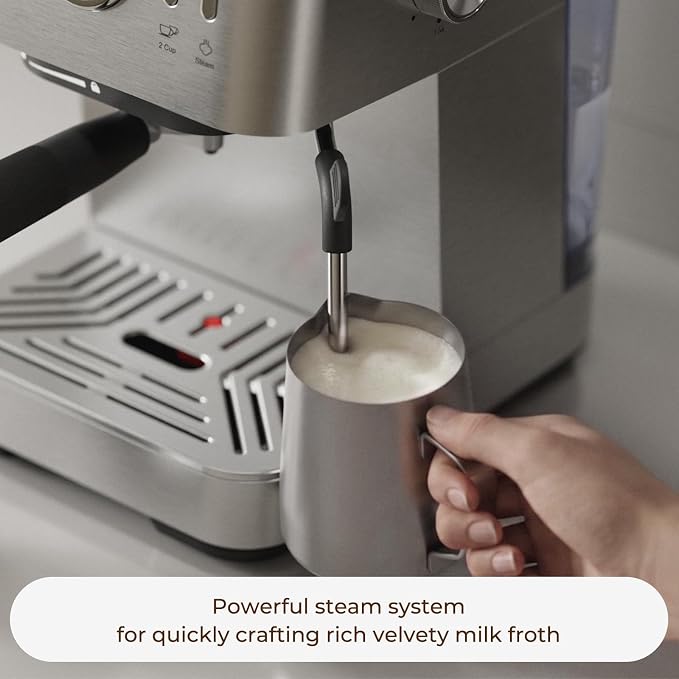 Espresso Machine with Temperature Display, 20 Bar Stainless Steel Espresso Maker with Milk Frother, Small Cappuccino & Latte Machine with 50oz Removable Water Tank for Home, Silver