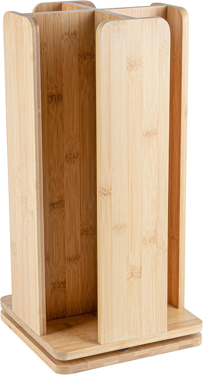 Restaurantware Restpresso 9 x 18 Inch Coffee Cup and Lid Organizer 1 Revolving Cup and Lid Holder - 4 Section Countertop Natural Bamboo Cup and Lid Dispenser For Restaurants Homes or Offices