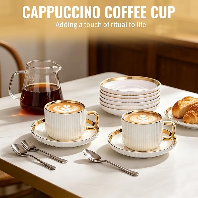 8.5oz Cappuccino Cups with Saucers Set of 6, Ceramic Coffee Cup and Saucer with Gold Rim, Vertical Ribbed Latte Mugs, White Porcelain Tea Cup Set for Wedding, Cafe, Party & Daily Use
