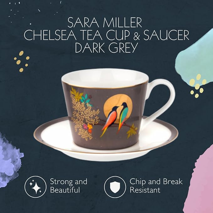 Portmeirion Sara Miller Chelsea Tea Cup & Saucer - Dark Grey, Set of 2