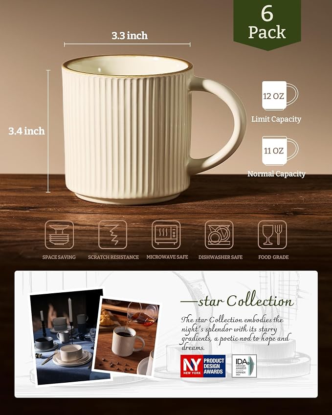 famiware Coffee Mug Set for 6, Star 12 oz Catering Mugs Cup Set with Handle for Coffee, Tea, Cocoa, Milk - Ceramic Stoneware Drinkware Set, Vanilla White