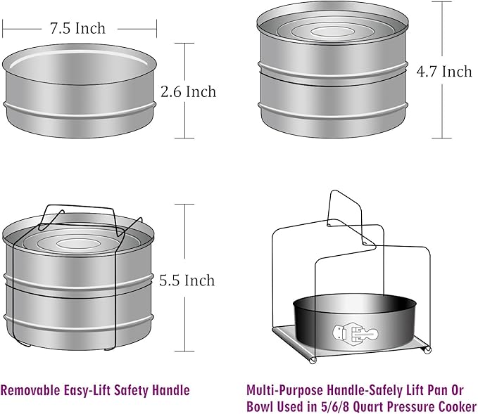 Aozita Stackable Steamer Insert Pans with Sling for Instant Pot Accessories 6/8 qt - Pot in Pot, Baking, Casseroles, Lasagna Pans, Food Steamer for Pressure Cooker, Upgrade Interchangeable Lids