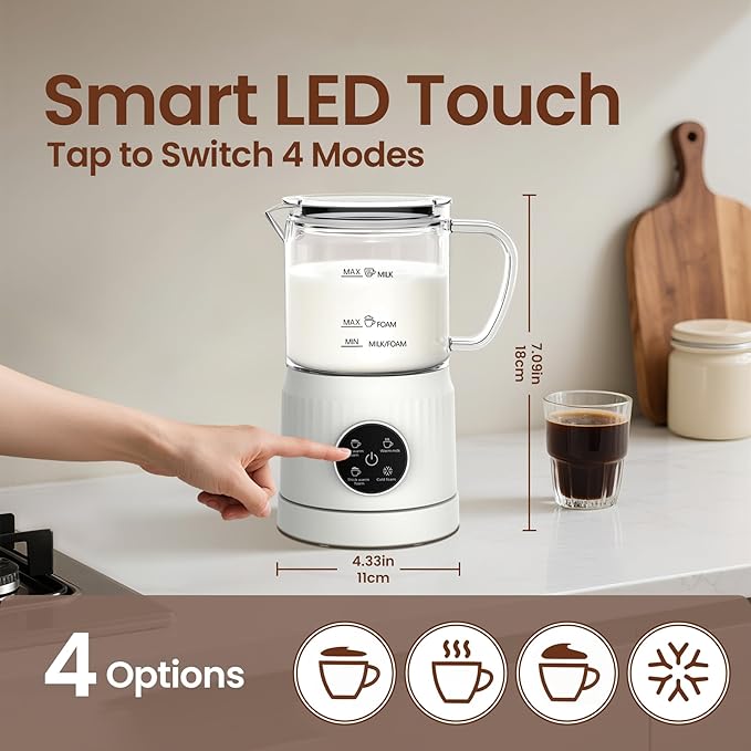 4-in-1 Electric Milk Frother and Steamer for Whole Milk, LED Touch Screen, Cold and Warm Foam Maker, Ceramic-Coated, 13.52oz for Lattes, Cappuccinos and Hot Chocolate, Auto Shut-Off, Cream White